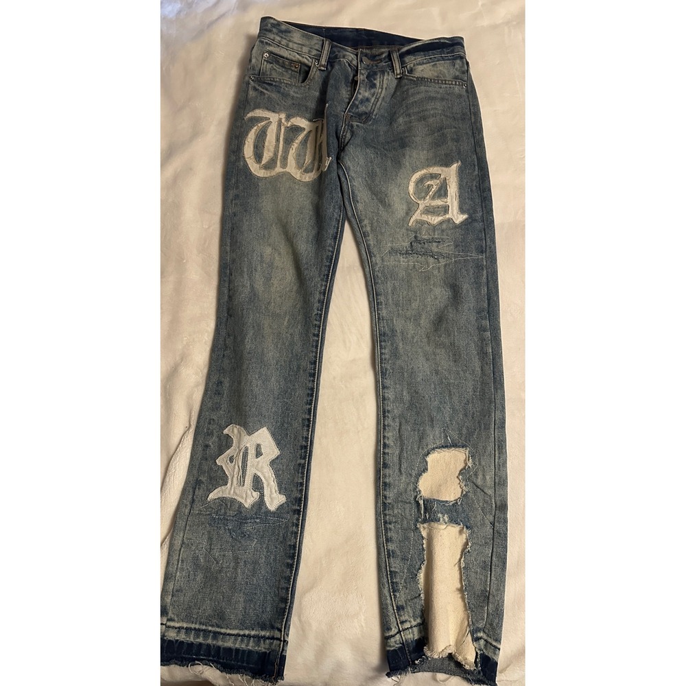 MNML‎ Distressed Old English Patch Jeans Blue Light Wash Straight Leg Size 29